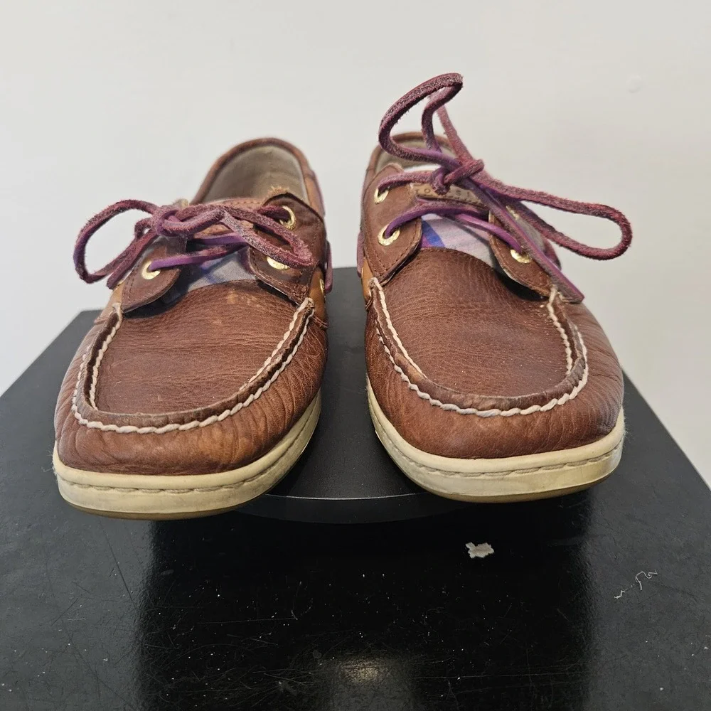 Sperry Top-Sider Brown/Pink Plaid Bluefish Leather Boat Shoe Womens - Size 8M